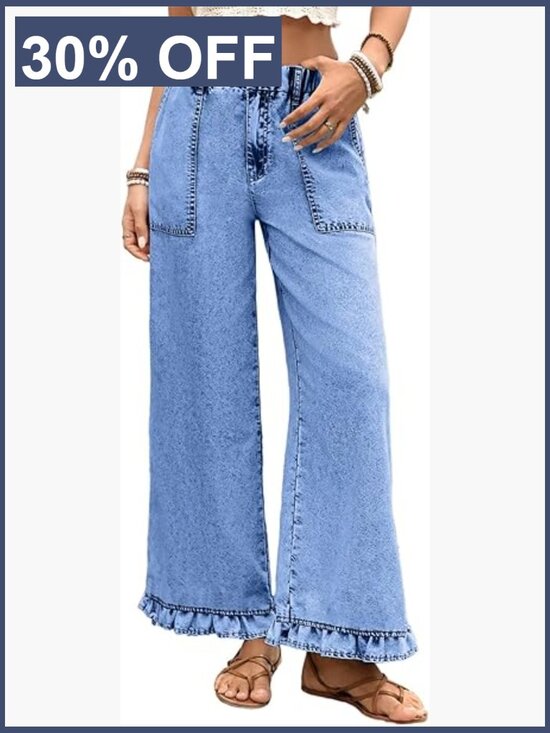 Denim - Wide Leg Jeans Stretch High Waist Baggy Trendy Denim Ruffle Hem Pants